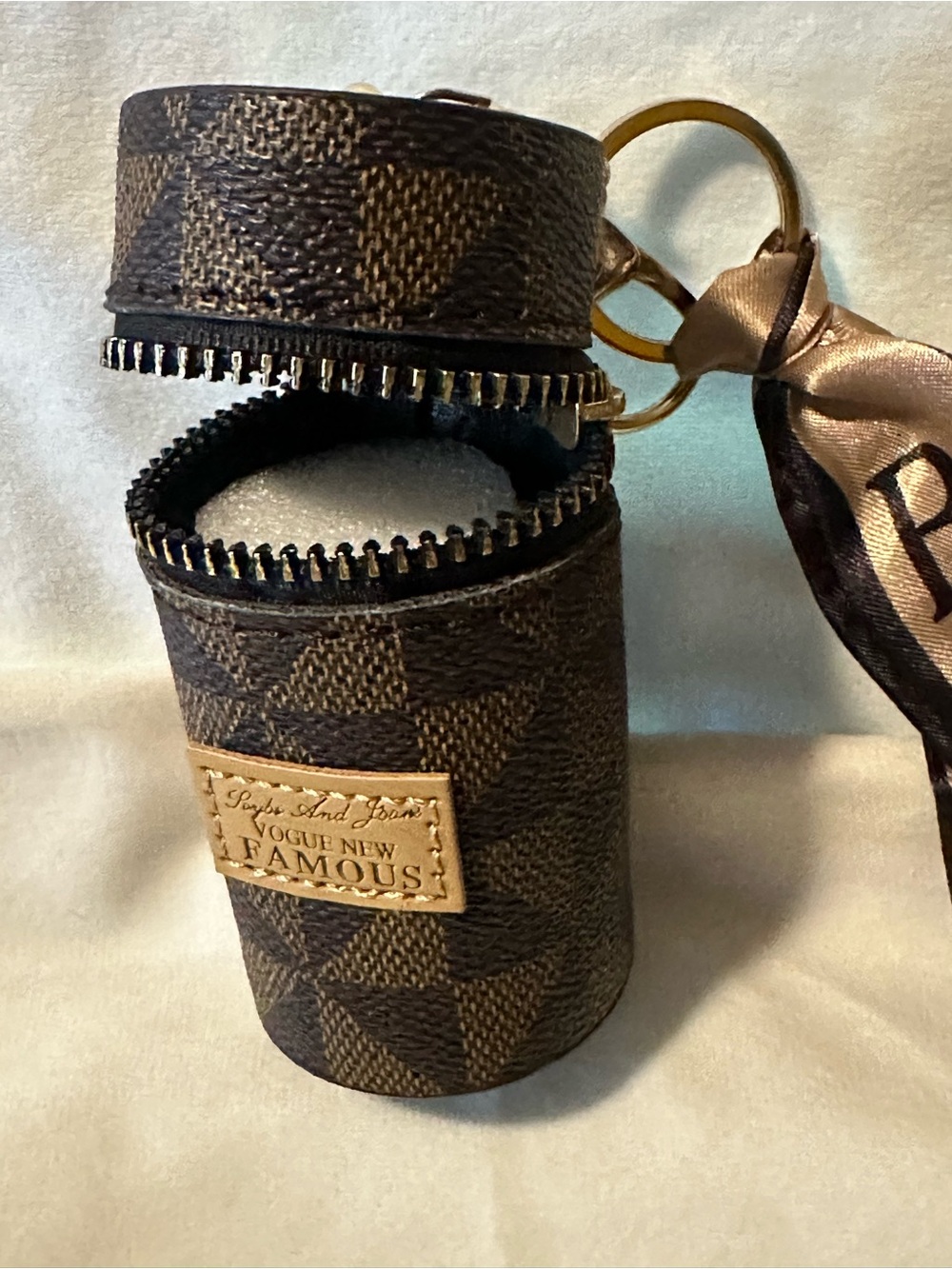 Vogue New Famous Brown Checker Cylindrical Keychain Pouch with Ribbon - Picture 2 of 5